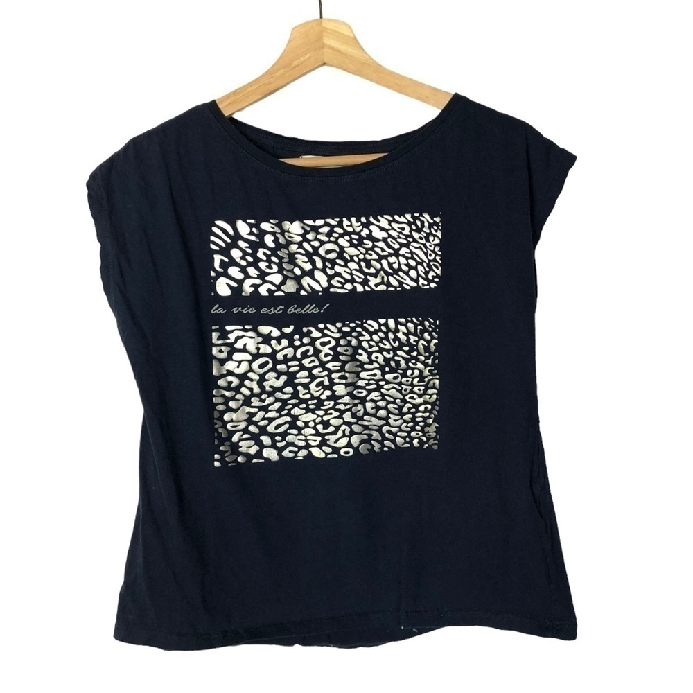 Zara Navy Blue Silver Cheetah Graphic Short Sleeve‎ T-Shirt S